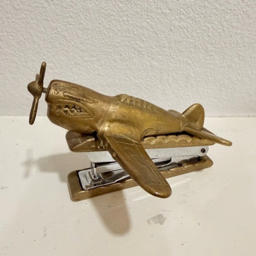 Vintage Brass‎ Airplane Stapler Mid Century Aviation Desk Accessory Working